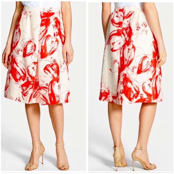 Classiques Entier Floral A-Line Skirt Cream Red Silk Linen Blend Size 6 - Picture 1 of 6